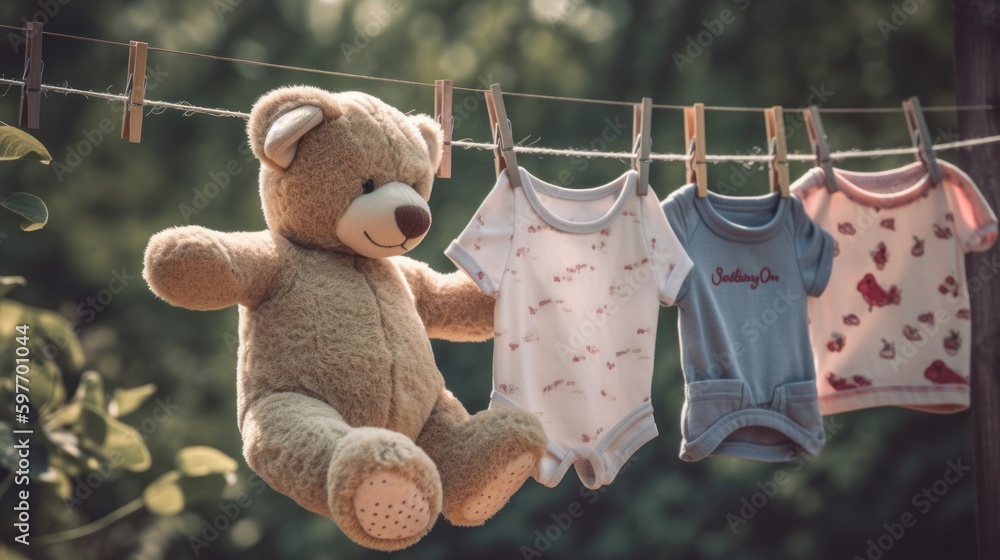 Baby clothes on a clothesline with a teddy bear. AI generated Stock ...