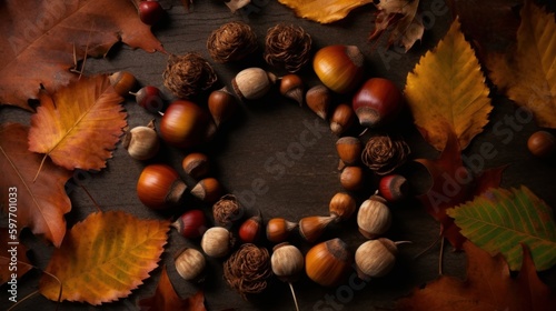 Autumn leaves and acorns arranged in a circle. AI generated