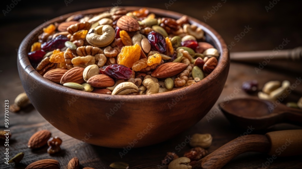 Bowl of mixed nuts and seeds with a wooden spoon. AI generated Bowl of mixed nuts and seeds with a wooden spoon. AI generated