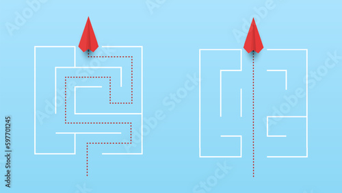 Paper plane red find the right path and Straight paper plane going right through maze. airplane to destination. business strategy