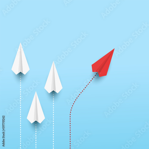 Red paper plane changing direction. Concept of creativity, new ideas, and innovative. Different business. Vector illustrations