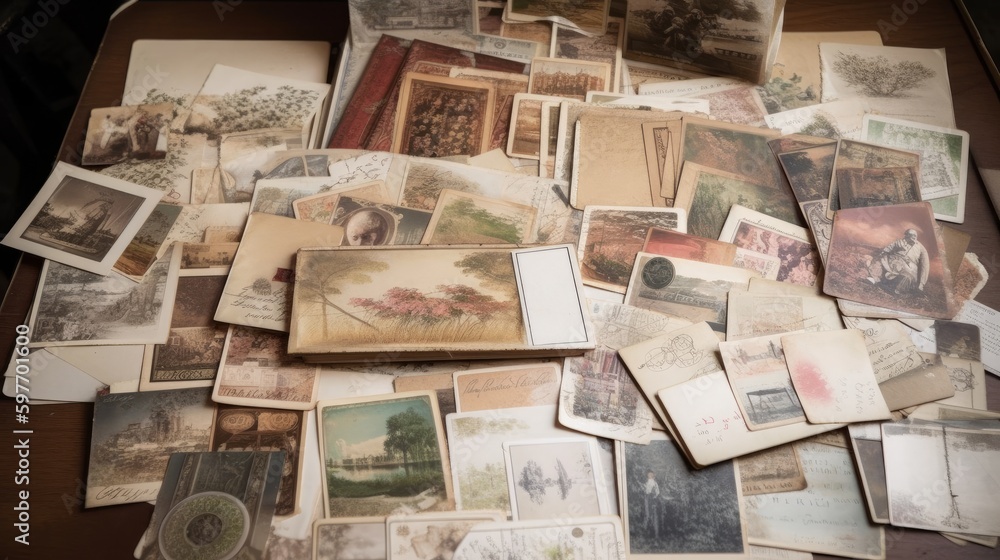 Collection of vintage postcards and stamps. AI generated