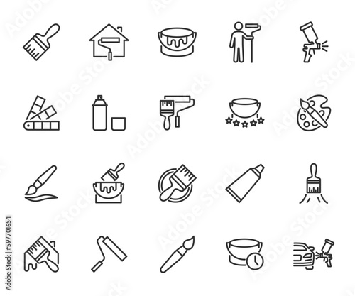 Vector set of paint line icons. Contains icons paint brush, painter, house painting, spray can, paint can, color palette, paint roller and more. Pixel perfect.