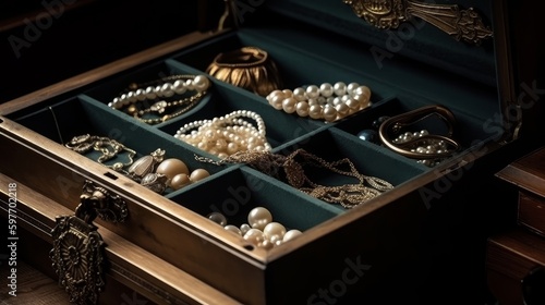 Jewelry box with diamond rings and pearl necklaces. AI generated © ArtStage
