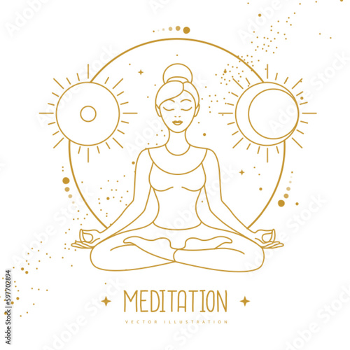 Woman meditation in lotus position with astrology sun and moon sign. Vector illustration