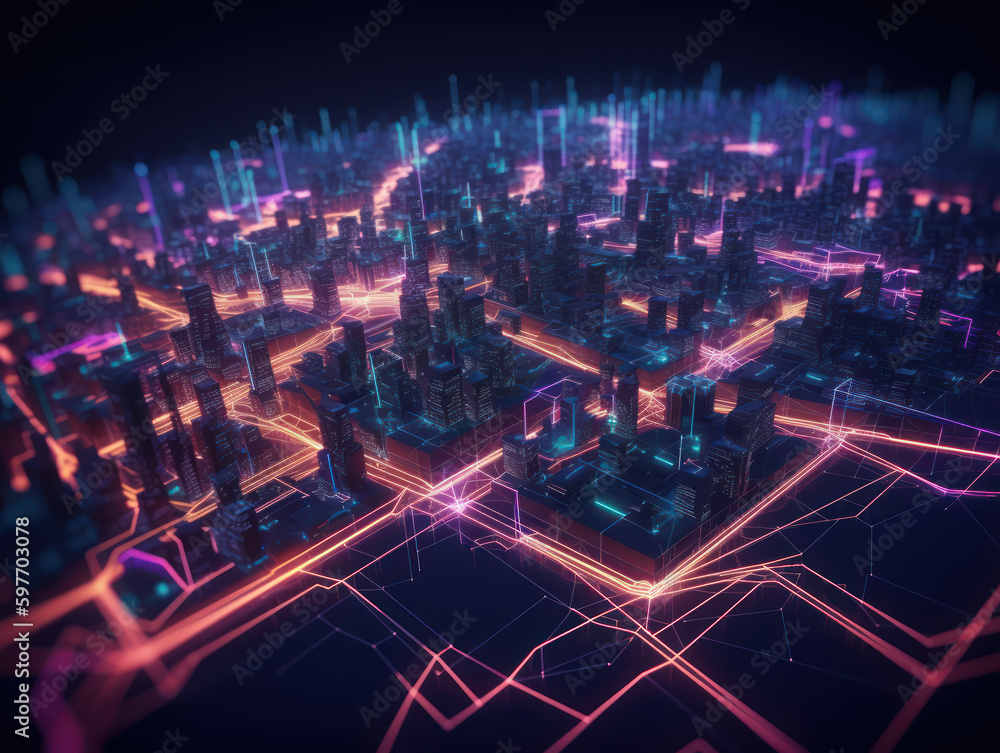 Digital Frontier Night Cityscape in Grid View, a Vision of Cybernetic Metropolis
