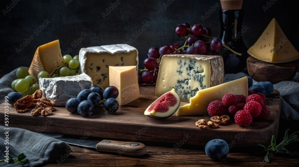 Selection of fine cheeses on a wooden board. AI generated Selection of fine cheeses on a wooden board. AI generated