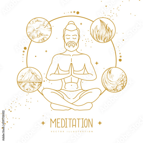 Handsome man meditation in lotus position with the four elements. Vector illustration