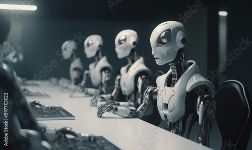 Futuristic Boardroom - Robots in a Corporate Meeting Environment - Generative AI