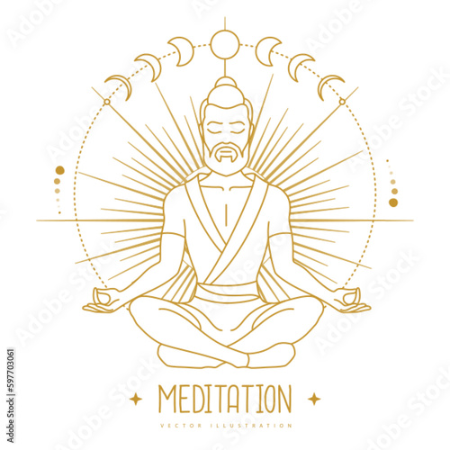 Handsome man meditation in lotus position in the rays of the rising sun. Sun and moon astrology sign. Vector illustration
