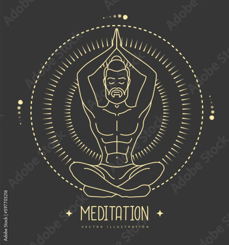 Handsome man meditation in lotus position in the rays of the rising sun. Sun astrology sign. Vector illustration