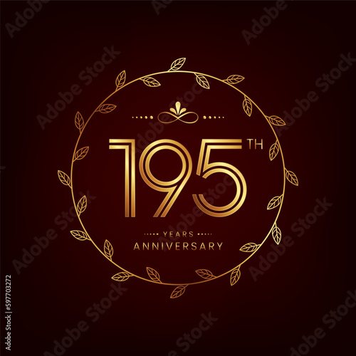 195th anniversary logo with golden number for celebration event, invitation, wedding, greeting card, banner, poster, flyer, book cover. Vector design photo