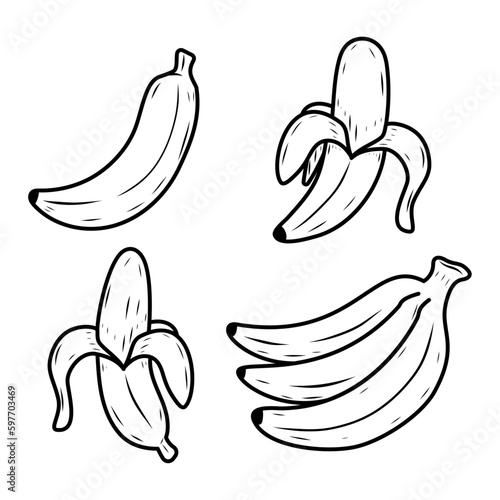 Set of banana vector illustrations in hand-drawn style isolated on white background. Banana doodle