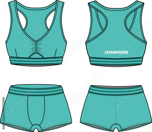 Women Running set with Sports bra top and tights boy short Leggings active wear design flat sketch Illustration suitable for girls and Ladies. Two Piece Swimming set for yoga, gym and running