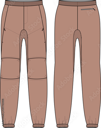 Jogger track bottom flex Pants design flat sketch vector illustration, Track pants concept with front and back view, Sweatpants for running, jogging, fitness, and active wear pants design.