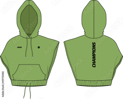 Women Sleeveless slashed Hoodie jacket design flat sketch Illustration , sweatshirt Hooded jacket with front and back view, winter cropped jacket for girl and women for winter.