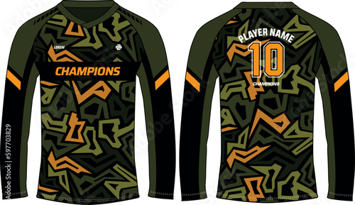 Camouflage abstract long sleeve t shirt, Sports jersey design flat sketch illustration, Motocross jersey concept with front and back view for cricket jersey, Football, Volleyball uniform kit