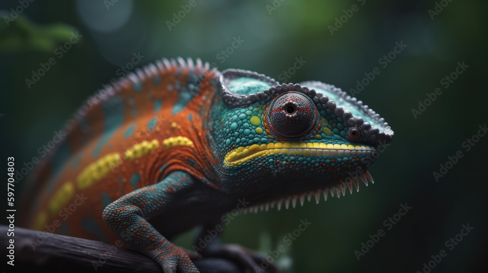 Fototapeta premium The Colorful Camouflage - Rainbow Chameleon in its Natural Habitat - Generative AI