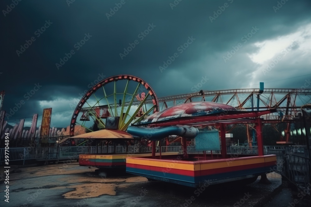Obraz premium Deserted amusement park with rusted roller coasters and abandoned carnival games, post apocalyptic, video game