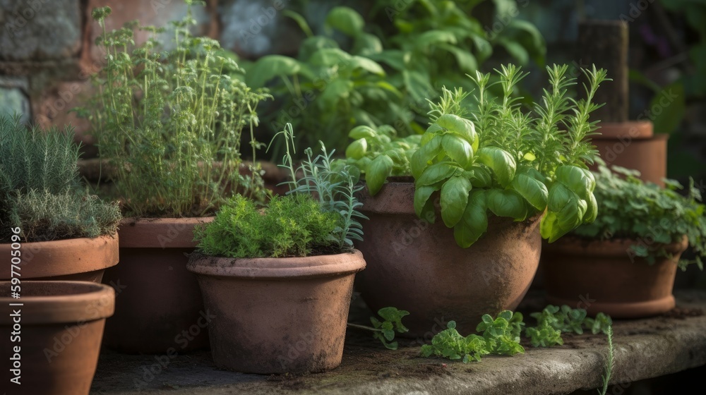 Variety of herbs in clay pots. AI generated Variety of herbs in clay pots. AI generated