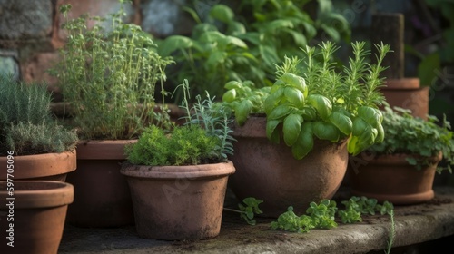 Variety of herbs in clay pots. AI generated