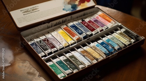 Watercolor paint set and rough paper pads. AI generated