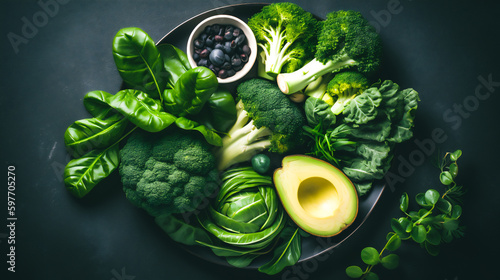 a plate with different types of green, leafy vegetables such as kale, spinach, and romaine lettuce, all rich sources of folate Generative AI photo