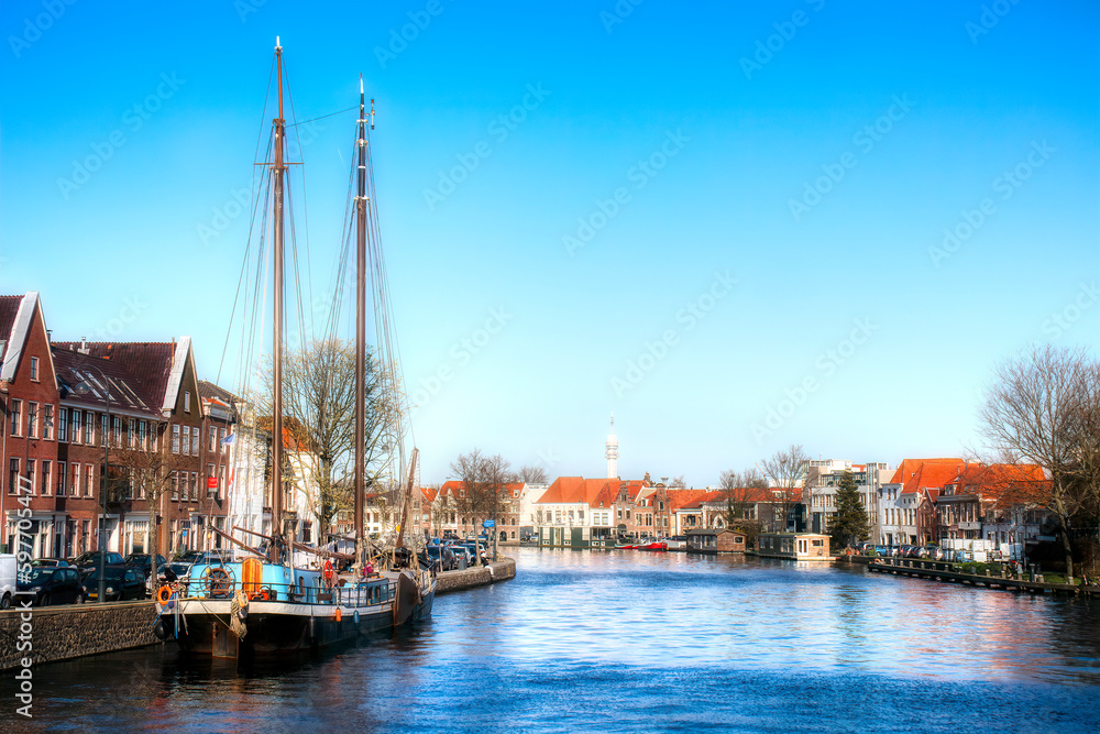 The Binnen Spaarne Canal Running through Haarlem, the Netherlands, as Seen from the Famous Gravestenenbrug, in the Afternoon Sun