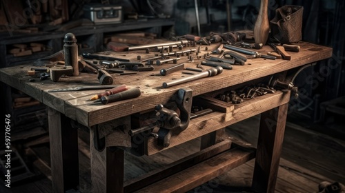 Workbench with tools, screws and nails. AI generated