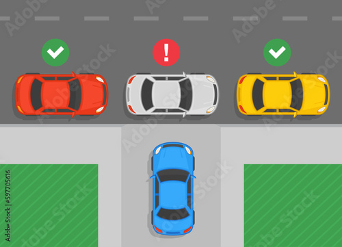 Outdoor parking rules. Legal and illegal parking. Blocked driveway scene. Top view. Flat vector illustration template.