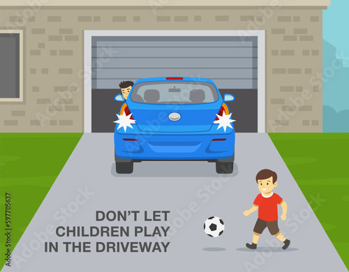 Safe driving tips and rules. Don't let children play in the driveway. Car moving reverse while male kid plays with ball behind. Back view. Flat vector illustration template.