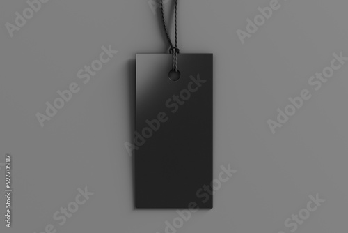 Black rectangular tag mockup on gray background. View directly above