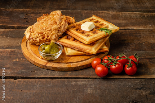 American traditional dish, fried chicken and waffles, wooden table.