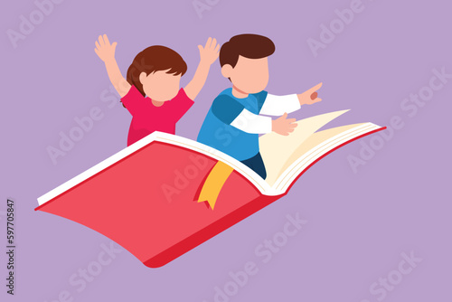 Graphic flat design drawing smart little boy and girl student or preschooler flying on magic book. Happy kids flying on book. Knowledge power and education concept. Cartoon style vector illustration