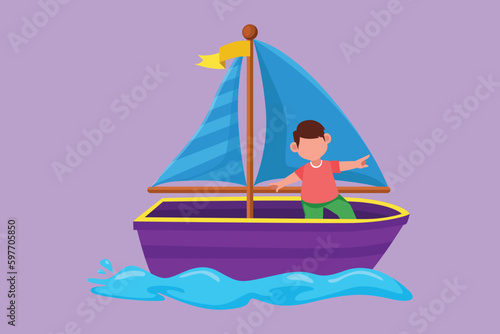 Graphic flat design drawing adorable little boy in sailboat at beach. Happy kids sailing boat at small lake. Children on boat at river. Joyful adventures and travel. Cartoon style vector illustration