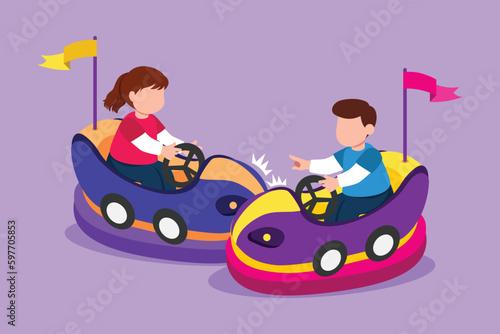 Graphic flat design drawing cheerful children driving bumper car. Happy smiling boy and girl on bumper auto wheel attraction at amusement park. Enjoyment family time. Cartoon style vector illustration