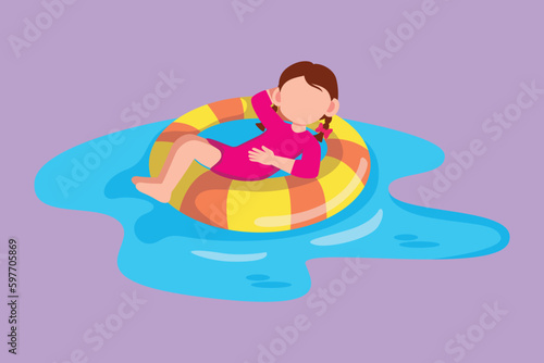 Cartoon flat style drawing cute little girl floating with lifebuoy with relax poses wearing beach, swimming attires. Happy kids feeling happy while using tire buoy. Graphic design vector illustration © onetime