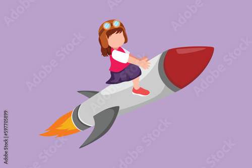 Cartoon flat style drawing smart little girl is sitting on flying rocket. Preschool kid on success. Children sitting on rocket. Back to school. Educational metaphor. Graphic design vector illustration