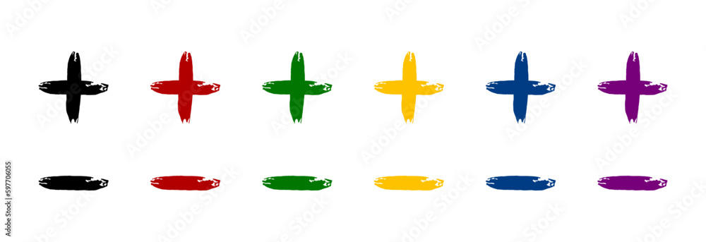 Plus and minus icon drawn with a brush in different colors.
