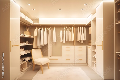 Dressing room with white clothes in light shades. minimal scandinavian wooden dressing room with wardrobe. © Natallia