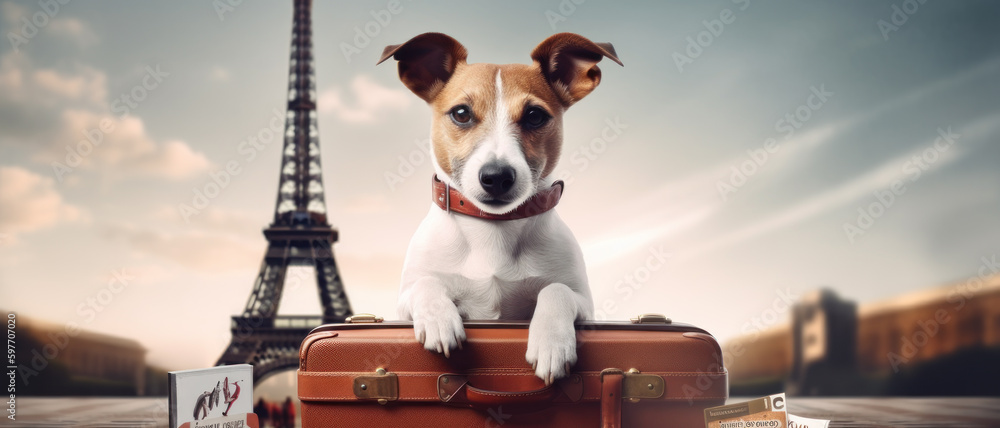 Φωτογραφία Jack Russell ready to travel for vacation in Paris with suitcase and passport, g