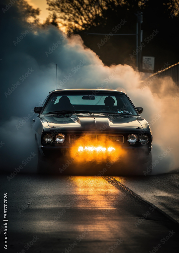 American muscle car doing a burnout before drag racing competition, generative ai American muscle car doing a burnout before drag racing competition, generative ai