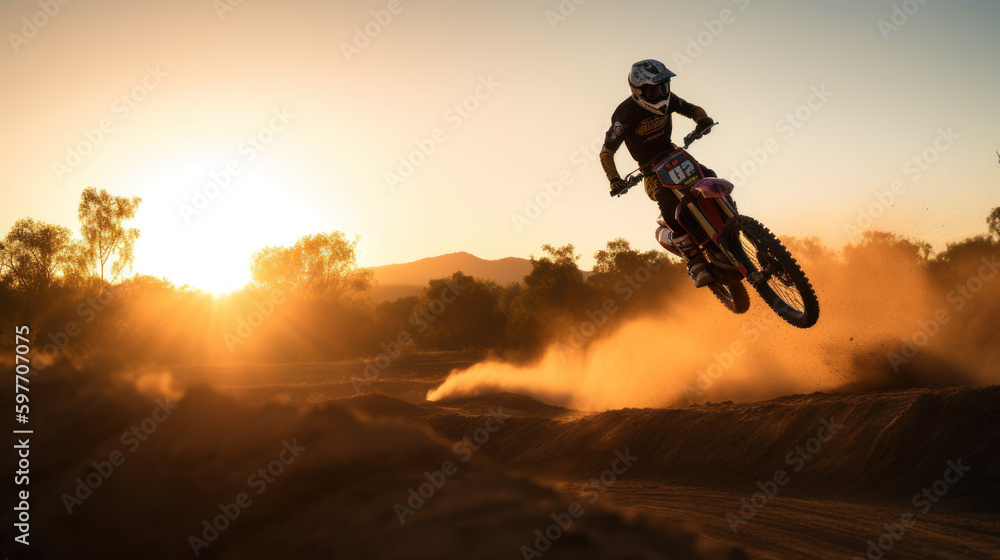 Obraz premium Motocross rider jumping in the air at sunset on a dirt track, generative ai