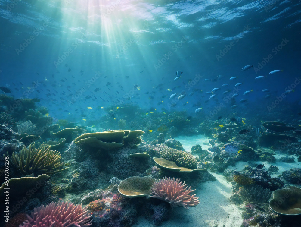 Obraz premium Discover the Wonders of the Deep: A Colorful Underwater World with Reef Fish and Whales. Generative AI