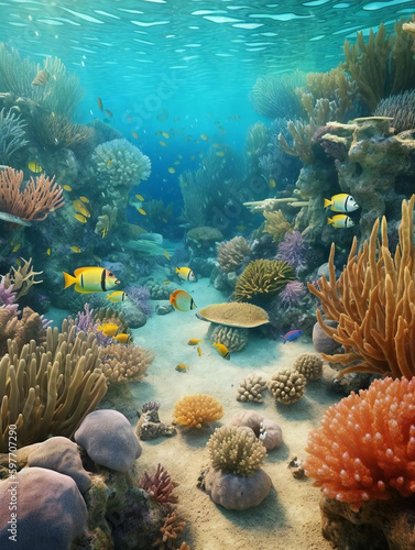 Discover the Wonders of the Deep  A Colorful Underwater World with Reef Fish and Whales. Generative AI