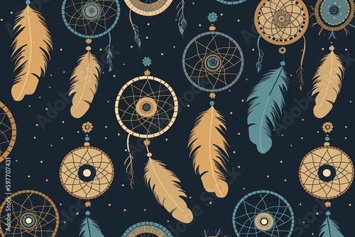 simple seamless vector pattern with boho dreamcatchers and feather with blue background. flat style, seamless background with flowers, seamless pattern with feathers, Generative AI