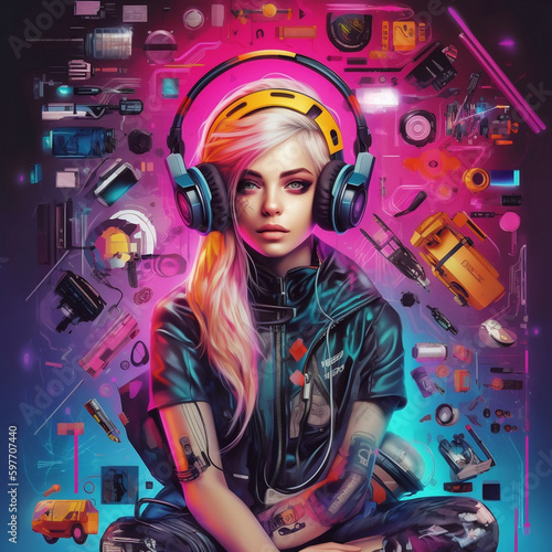 ai generative girl with headphones and future technology background. colorful illustration of sifi lady portrait.