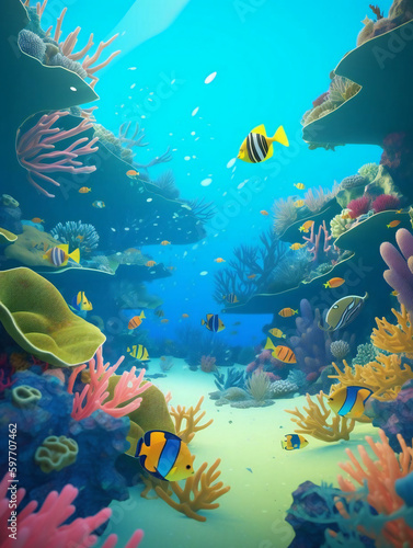 Discover the Wonders of the Deep  A Colorful Underwater World with Reef Fish and Whales. Generative AI