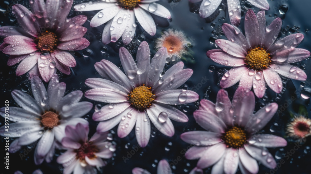  Everlasting Daisies on black background with raindrops created with generative AI technology