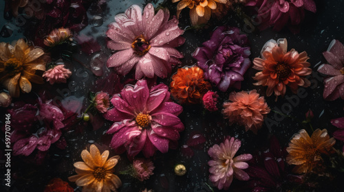 Beautiful colorful flowers on black background with raindrops created with generative AI technology